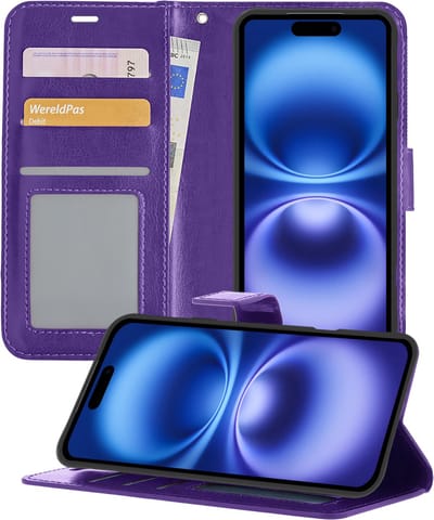Hoesje - Geschikt voor Apple iPhone 16 - Luxe Bookcase - Walletcase Hoes - Portemonnee - Cover - Telefoonhoes - Paars