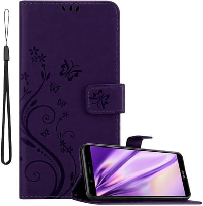 Cadorabo Hoesje geschikt voor Honor 7C / Huawei Y7 2018 in BLOEMEN DONKER PAARS - Beschermhoes in bloemmotief met magnetische sluiting, standfunctie en kaartsleuven Book Case Cover Etui