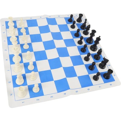 Internationale Schaakset 95mm Koning Plastic Schaakstukken 50cm PU Leer Blauw Wit Ruitjesbord met blue
