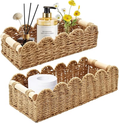 Set van 2 Opbergmanden van Wicker met Houten Handvatten - Decoratieve Opslag voor Keuken, Badkamer en Kantoor, Ideaal voor Organisatie en Ruimtebesparing