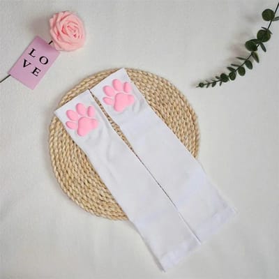 Schattige 3D Siliconen Roze Kattenklauw Pootkussentjes Zachte Vingerloze Pluizige Zonbescherming Koele Mouwen Schattige Handschoenen Lange Koker voor Dames One Size beige
