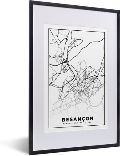 Fotolijst incl. Poster Zwart Wit- Stadskaart - Frankrijk - Kaart - Besançon - Plattegrond - Zwart wit - 40x60 cm - Posterlijst