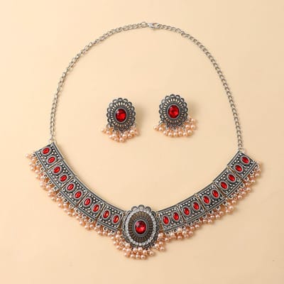 Mode Retro Bol Kwastje Nekketting Dames Flash Diamant Bloemen Sleutelbeenketting Oude Zilveren Geometrische Ketting Oorbellen Set