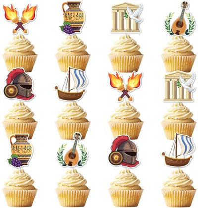 Dailygoods- Cupcake Toppers 36 Stuks - Griekse Thema - Taartversiering - Feestdecoratie - Dubbelzijdig Bedrukt - Hoogwaardig Karton - Taartdecoratie