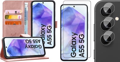 Hoesje geschikt voor Samsung Galaxy A55 - Screenprotector Glas & Camera - Portemonnee Book Case Rosegoud
