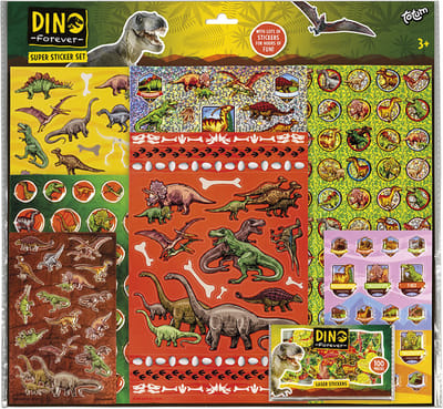 Totum Dino stickers Totum XL super sticker set dinosaurus - speelgoed junior jongens en meisjes vanaf 3 jaar - knutselen 8 vellen incl. metallic en 3D stickers - 38 x 36 cm -