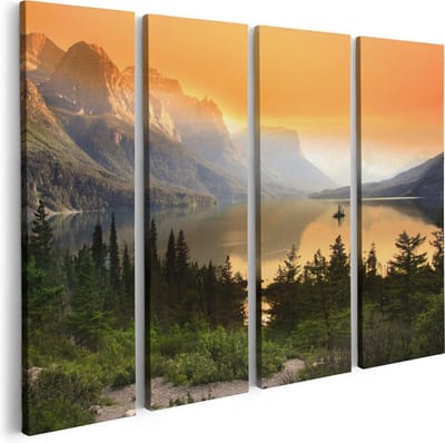 Artaza Canvas Schilderij Vierluik Bergen Met Een Meer In Nationaal Park Glacier - 80x60 - Foto Op Canvas - Canvas Print