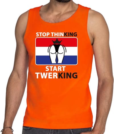Stop thinking start twerking tanktop / mouwloos shirt oranje heren - Koningsdag kleding S