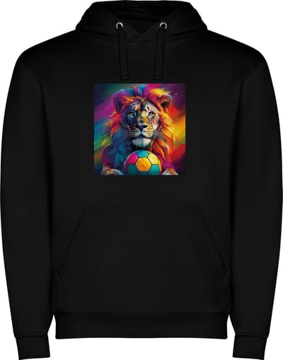 Zwarte unisex hoodie met “ Kleurrijke Leeuw – Voetbal – Stoer “ Print Full Color merk Roly maat XXL