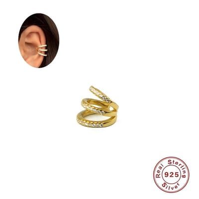 Helin life Oorbel -zilver 925 -Drielaagse diamanten earcuff - tragus klem - klipoorbellen-Oorbellen Dames Goudkleurig met Zirkonia Diamantjes -Geschenkdoos -1stuks