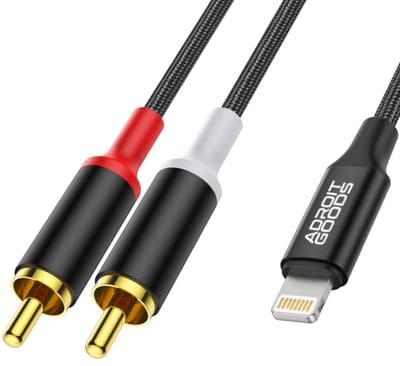AdroitGoods RCA Audiokabel geschikt voor Apple Lightning/iPhone - 1m - Mannelijk naar 2 RCA Mannelijk Stereo Audioconverter Y-Splitterkabel - Zuivere Geluidsoverdracht, Professionele Opbouw