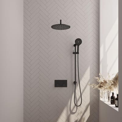 Brauer Black Edition Thermostatische Regendoucheset Inbouw - Hoofddouche 30 cm - Gebogen Wandarm - Met Drukknoppen - Handdouche 3 Standen - Doucheslang - Geintegreerde Glijstang - Mat Zwart