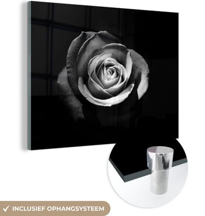 MuchoWow® Glasschilderij 160x120 cm - Schilderij acrylglas - Bloemen - Zwart - Roos - Wit - Botanisch - Foto op glas - Schilderijen