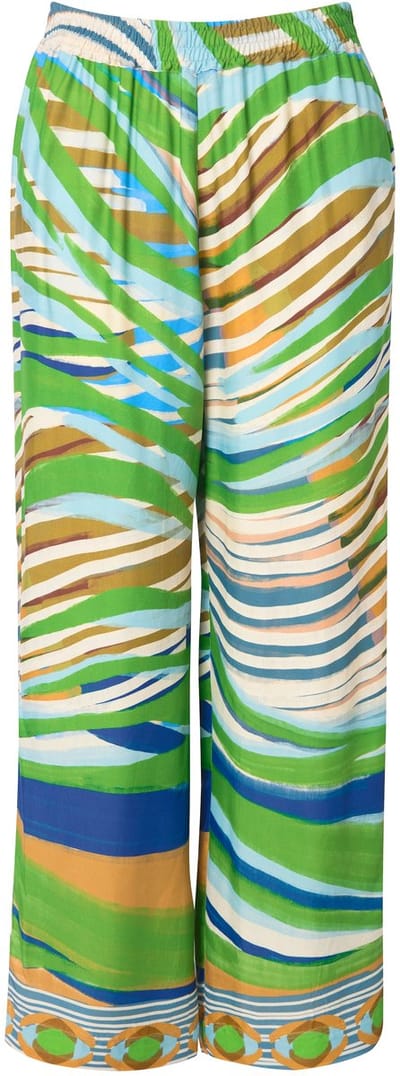 Ulla Popken - Dames - Satijnen broek grafische print wijde pijpen - Zomergroen - Maat 42+