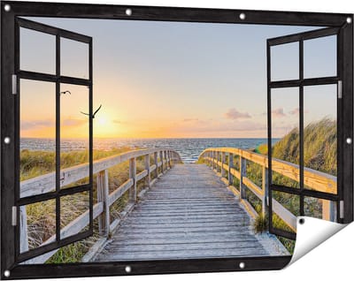 Gards Tuinposter Doorkijk Voetpad met Zee en Vogels - 120x80 cm - Tuindoek - Tuindecoratie - Wanddecoratie buiten - Tuinschilderij