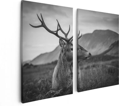 Artaza Canvas Schilderij Tweeluik Hertenkop - Hert - Zwart Wit - 80x60 - Foto Op Canvas - Canvas Print