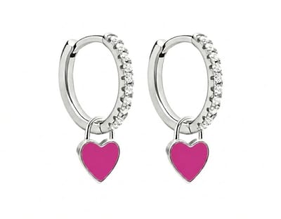 Oorbellen meisje hartje - fuchsia roze - glitter - zilver kleurig - glinster
