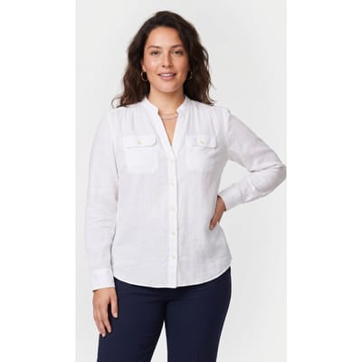 Brooks Brothers Corean Collar Shirt Linen White Größe: XS | Longsleeves Outlet | Damen | Weiß