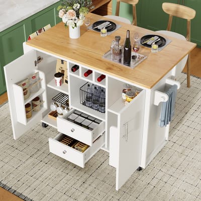 Keukeneiland buffetkast 120 x 73 (45) x 92 cm keukenkast keukenwagen en opklapbaar werkblad met handdoekhouder kruidenrek deurrek wijnrek en verstelbare planken, wit/zwart