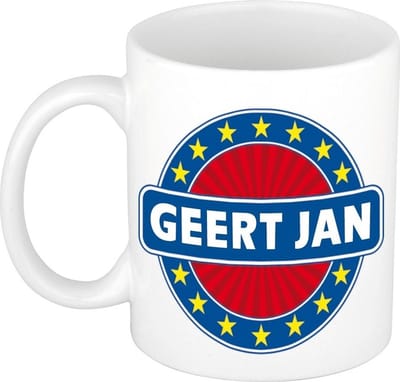 Bellatio Decorations - Geert Jan voornaam - koffiemok - beker - wit/blauw - 300 ml - Cadeau - Heren - Collega - Vaderdag - Verjaardag