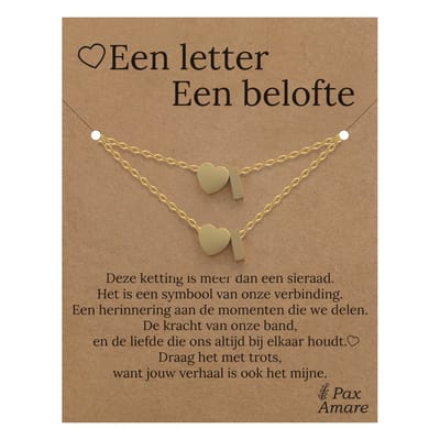 Letter I ketting + armband set op Cadeau Kaartje - Een letter, een belofte - Goudkleurig Stainless Steel - Initiaal & Hartje Hanger - Pax Amare