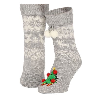 Morethansocks - Huissokken kerst dames - Pompons - Grijs - Fluffy sokken kerst - anti slip sokken kerst - Huissloffen kerst - kerstsokken dames