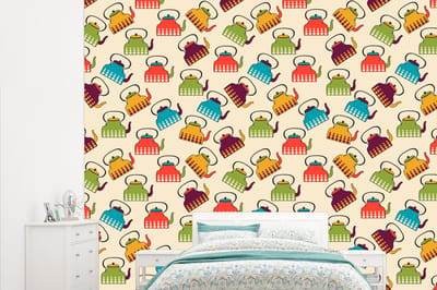 Behang - Fotobehang Design - Retro - Theepot - Kleuren - Breedte 315 cm x hoogte 260 cm
