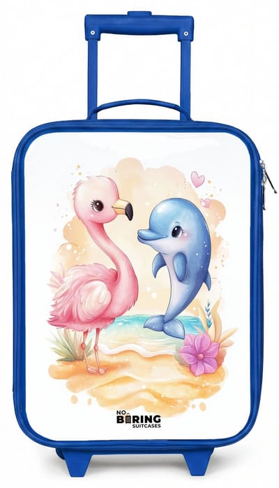 NoBoringSuitcases.com® - Kinderkoffer blauw - Kindertrolley jongen - Roze flamingo en blauwe dolfijn op een strand - Koffer kind lichtgewicht - Reiskoffer trolley voor kinderen - Koffertje met lichtgevende wieltjes - Rolkoffer