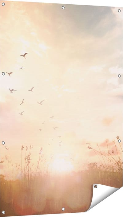Gards Tuinposter Silhouet Vogels tijdens Zonsopkomst - 80x120 cm - Tuindoek - Tuindecoratie - Wanddecoratie buiten - Tuinschilderij
