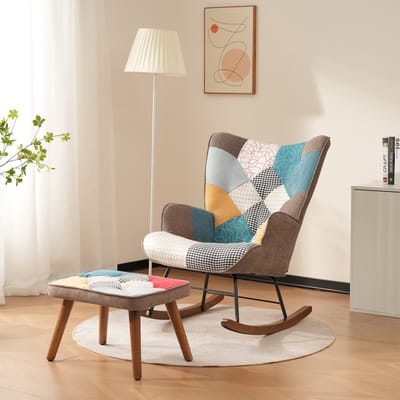 Sweiko Schommelstoel - Fauteuil - met Hocker - Massief houten poten - Kleurrijk