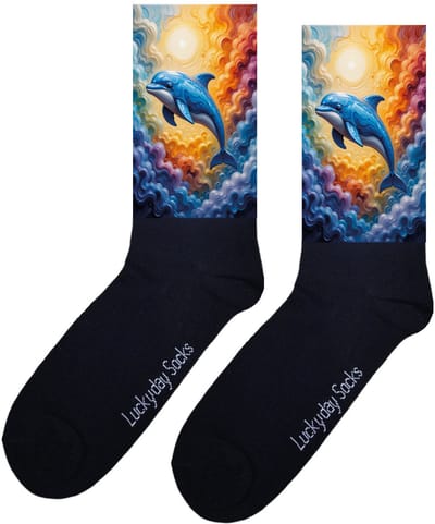 LuckyDay Socks - Dolfijn sokken - schilderij sokken - Verjaardag cadeau vrouw en man - Vrolijke sokken - Valentijns cadeau - Kerst sokken - Grappige sokken - Leuke dames en heren sokken - Moederdag - Vaderdag - Socks maken Happy - Maat 37-44