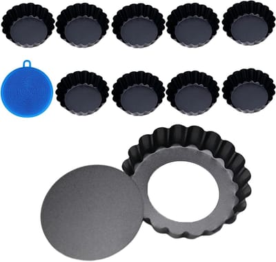 Set van 10 Quichevormpjes van 4 Inch van Koolstofstaal met Antiaanbaklaag en Verwijderbare Bodem voor Taarten, Gebak en Hartige Gerechten