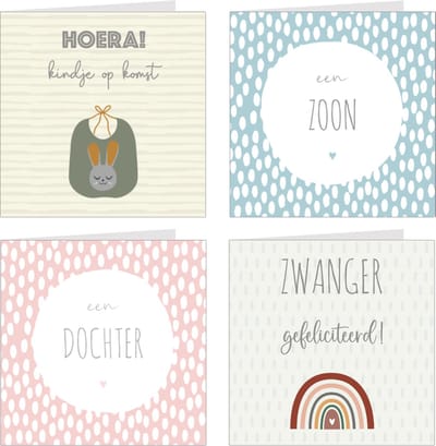 4x wenskaarten / set kaarten met enveloppen | Zoon / Dochter / Zwanger / Geboorte