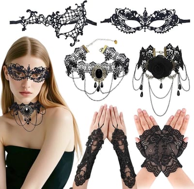 Zwarte Venetiaanse Masker voor Dames met Kanten Handschoenen en Choker voor Halloween en Carnaval Feestjes