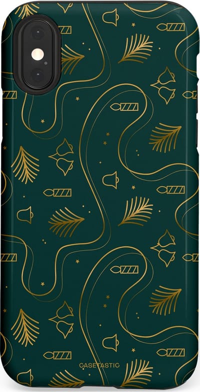 Casetastic hoesje geschikt voor Apple iPhone X / Apple iPhone XS - Dubbellaagse bescherming - Groene kerst bellen en takken - Fashion Case - Donkergroen Donkergrijs Petrol