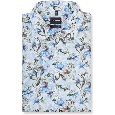 OLYMP Luxor comfort fit Big overhemd - korte mouw - dobby - wit met blauw en groen bloemen dessin - Strijkvrij - Boordmaat: 50 (EU maat: 4XL)