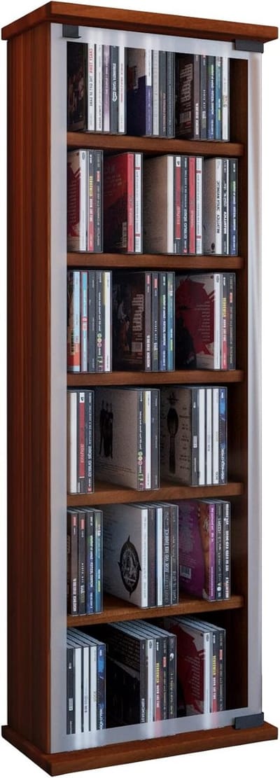 Media Opbergkast - Plantenstandaard - Cd Dvd Opslag - Met Glazen Deur - 88x31x18cm - Walnoot