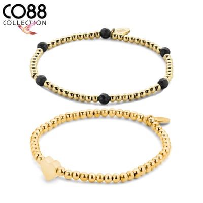 CO88 Collection 8CO-SET106 Stalen Sieraden Set - Dames - 2 Armbanden - Bolletjes - Rekbaar - One size (19 cm) - Hartje - Zwart natuursteen - Staal - Goudkleurig