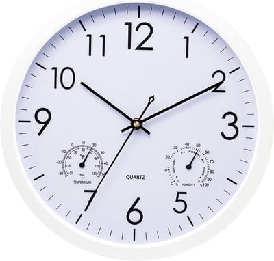 Stille Ronde Wandklok 30 cm met Grote Cijfers en Ingebouwde Thermometer & Hygrometer
