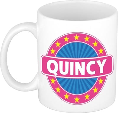 Bellatio Decorations - Quincy voornaam - koffiemok - beker - wit/roze - 300 ml - Cadeau - Dames - Collega - Moederdag - Verjaardag