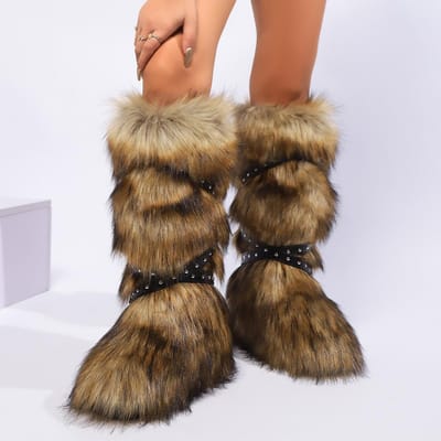 Winterlaarzen Dames Faux Fur Sneeuwlaarzen Warme Platform Lange Laarzen Schattige Pluche Overknee Hoge Laarzen Y2K Meisjes Outdoor Furry Schoenen 41 beige