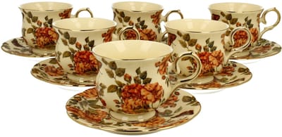 Duo KRUIDENROZEN Porseleinen Kopjes met Schotels (6 stuks, 260 ml)