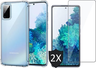 Hoesje geschikt voor Samsung S20 FE - Transparant Case Shock Siliconen + 2x Screenprotector Glas Tempered Glass Screen Protector