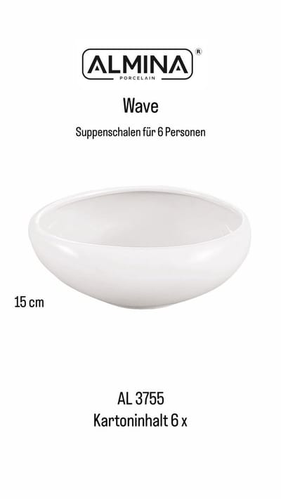 Almina Wave Soepkommen – 6 Stuks – Ø 15 cm – Porselein – Wit – Modern & Elegant Design