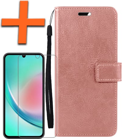 Hoes - Met Screenprotector - Geschikt voor Samsung Galaxy A34 - Luxe Pasjeshouder - Bookcase Portemonee - Flip Case - Kunstleer Book Case - Flipcase - Book Cover - Walletcase - PortemonneeHoes - Rosé goud