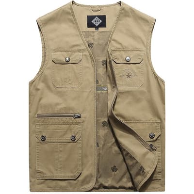 Lente en Herfst Casual V-hals Vest voor Mannen van Middelbare en Oudere Leeftijd Puur Katoenen Vest Papa Multi-pocket Vest 4XL beige