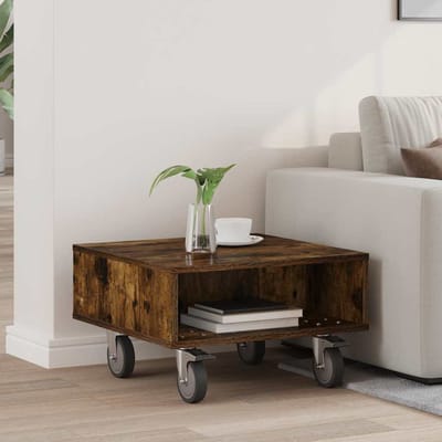 vidaXL - Bijzettafel - met - wielen - Rook - Eiken - 50,5 - x - 50 - x - 30 - cm