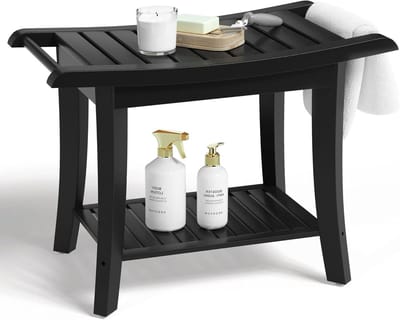 Douchebank Bamboe - Badkamerkruk Opbergplank - Veilig Douchen - Ruimtebesparend Ontwerp - 61x34x47 cm - Zwart