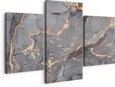 Artaza Canvas Schilderij Drieluik Abstracte Luxe Kunst van Marmer met Goud - 150x120 - Groot - Foto Op Canvas - Canvas Print