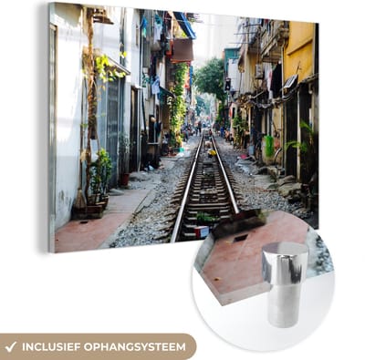 ® Glasschilderij 180x120 cm - Schilderij acrylglas - Hanoi - Trein - Stad - Foto op glas - Muurdecoratie woonkamer - Wanddecoratie slaapkamer - Schilderijen